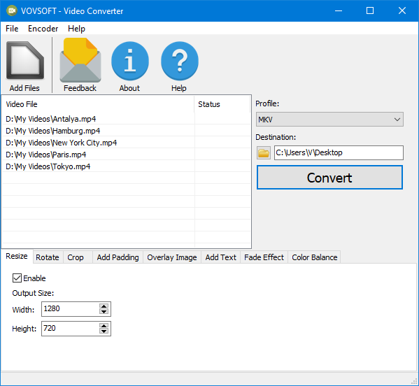 Окно Vovsoft Video Converter со списком файлов, профилем MKV и вкладкой Resize