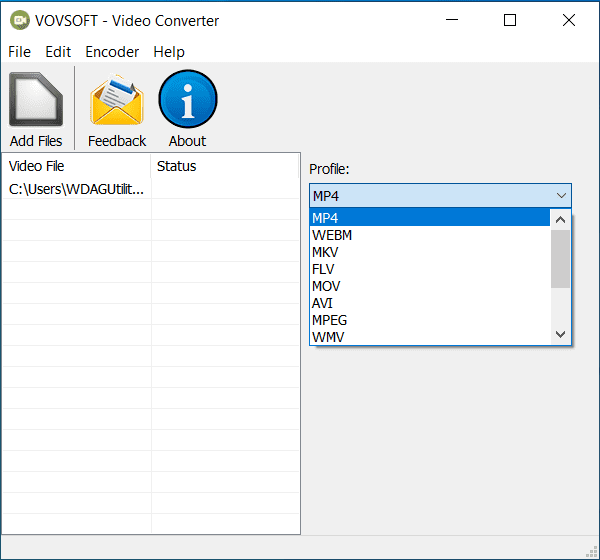 Vovsoft Video Converter с раскрытым списком выходных профилей MP4, WEBM, MKV, FLV, MOV, AVI, MPEG и WMV