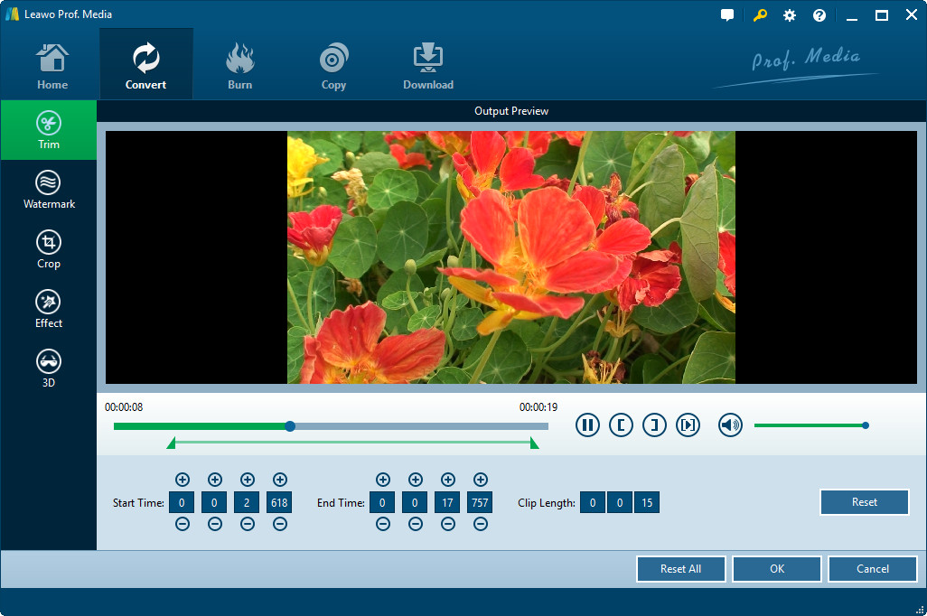 Окно редактирования Leawo Video Converter с инструментами Trim, Watermark, Crop, Effect и 3D