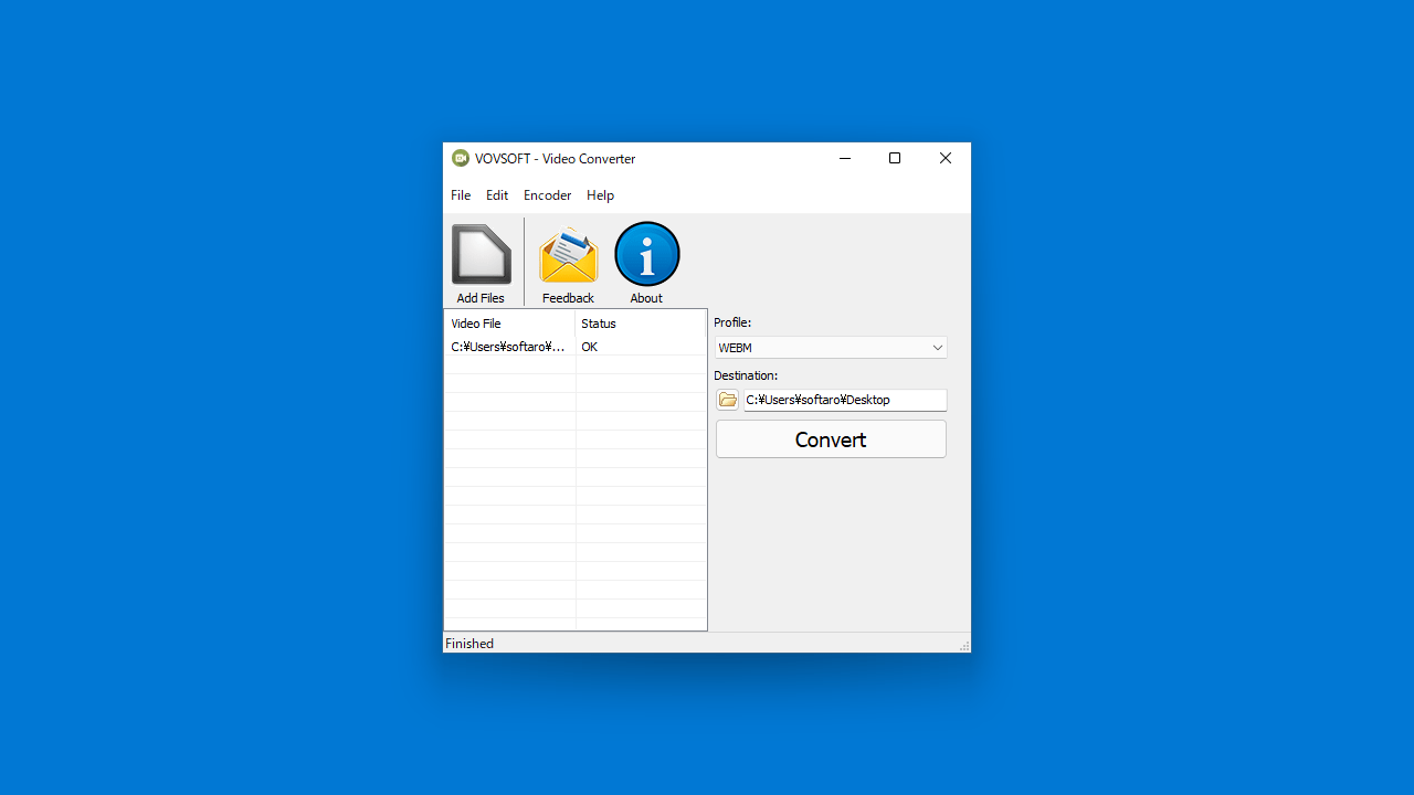 Vovsoft Video Converter после завершения конвертации со статусом OK и надписью Finished