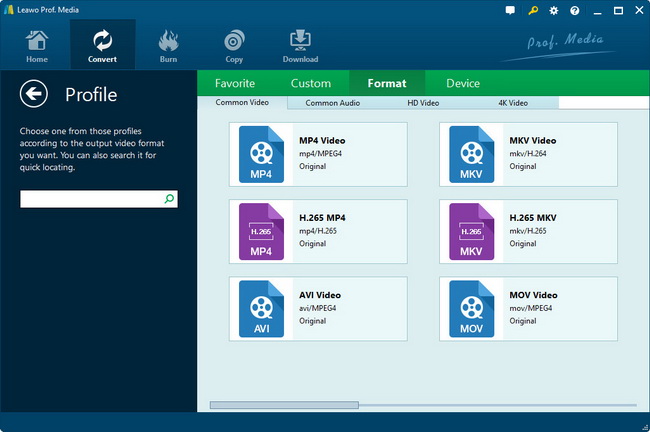 Панель Profile в Leawo Video Converter с группами Favorite, Custom, Format и Device