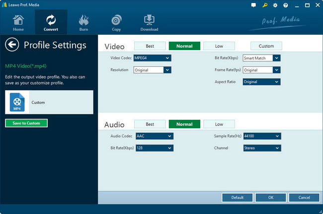 Окно Profile Settings в Leawo Video Converter с параметрами видео и аудио