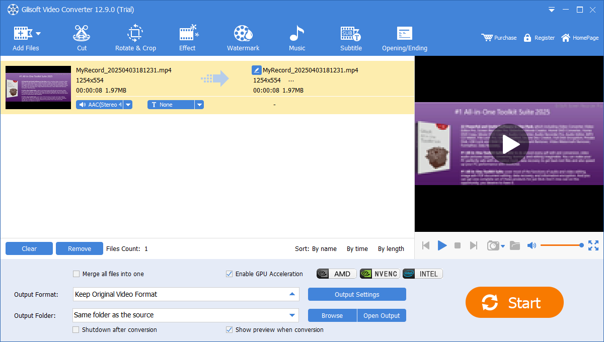 Очередь GiliSoft Video Converter с инструментами Cut, Rotate and Crop, Effect, Watermark, Music и Subtitle