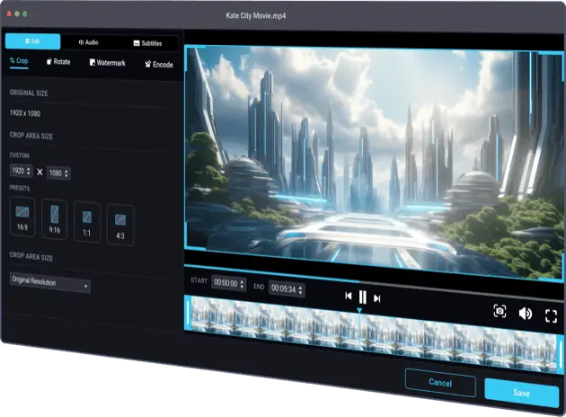 Окно Edit Video в DivX 11 с вкладками Crop, Rotate, Watermark и Encode