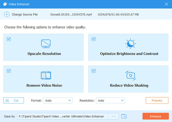 Окно Video Enhancer в Tipard Video Converter Ultimate с переключателями улучшения изображения