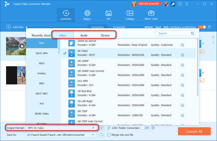 Меню форматов Tipard Video Converter Ultimate с вкладками Video Audio и Device