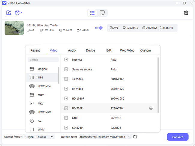 Video Converter Joyoshare VidiKit со списком форматов и профилей разрешения