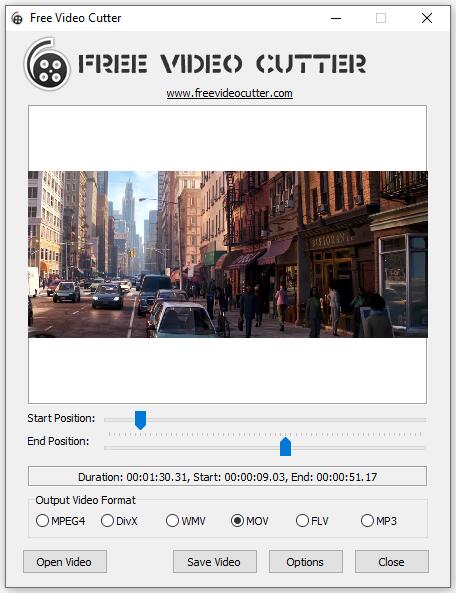 Главное окно Free Video Cutter с предпросмотром, ползунками Start Position и End Position и выбором выходного формата