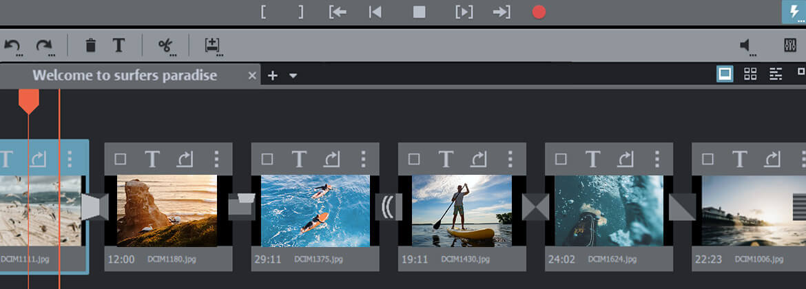 Интерфейс MAGIX в режиме Storyboard с последовательностью видеоклипов