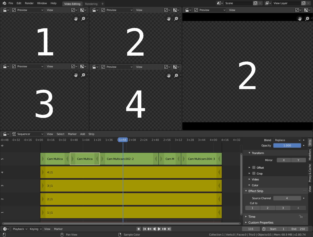 Мультикамерный монтаж в Blender Video Sequencer с несколькими окнами Preview