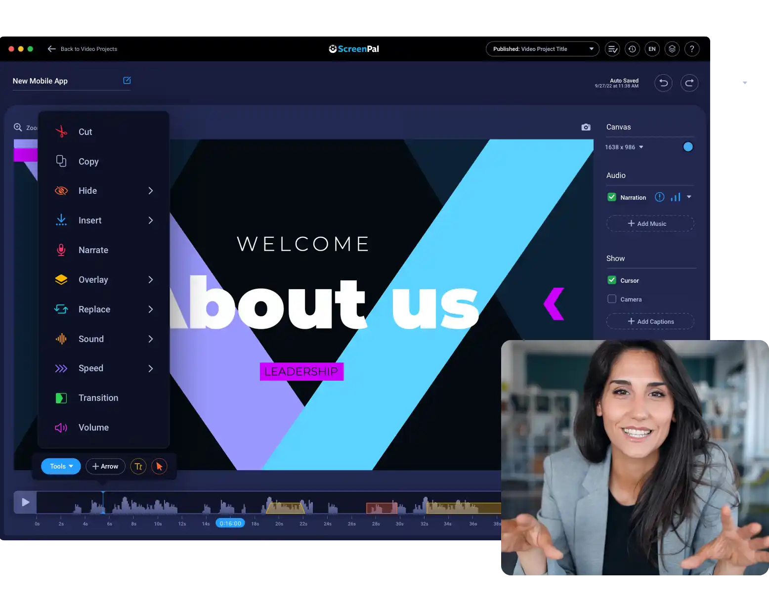 Настольный Video Editor ScreenPal с временной шкалой и меню инструментов