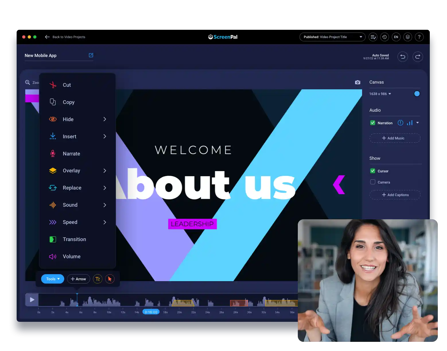 Интерфейс ScreenPal Video Editor с меню Tools и временной шкалой