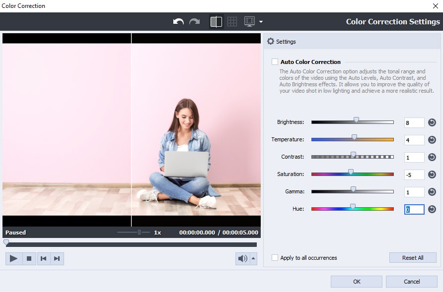 Окно цветокоррекции AVS Video Editor с настройками яркости, температуры, контраста и насыщенности