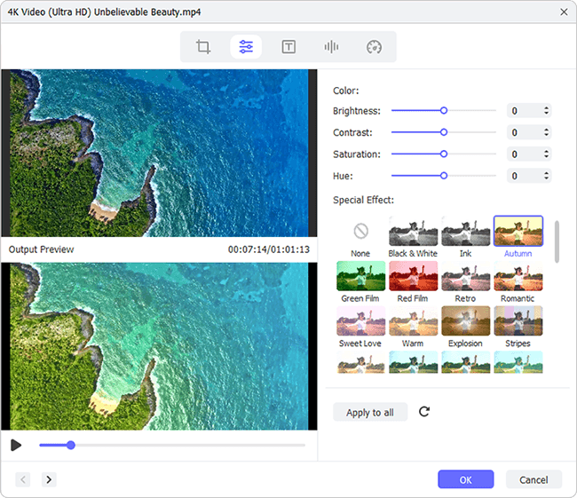 Окно Video Editor в Joyoshare VidiKit с предпросмотром и настройками яркости, контраста, насыщенности и эффектов