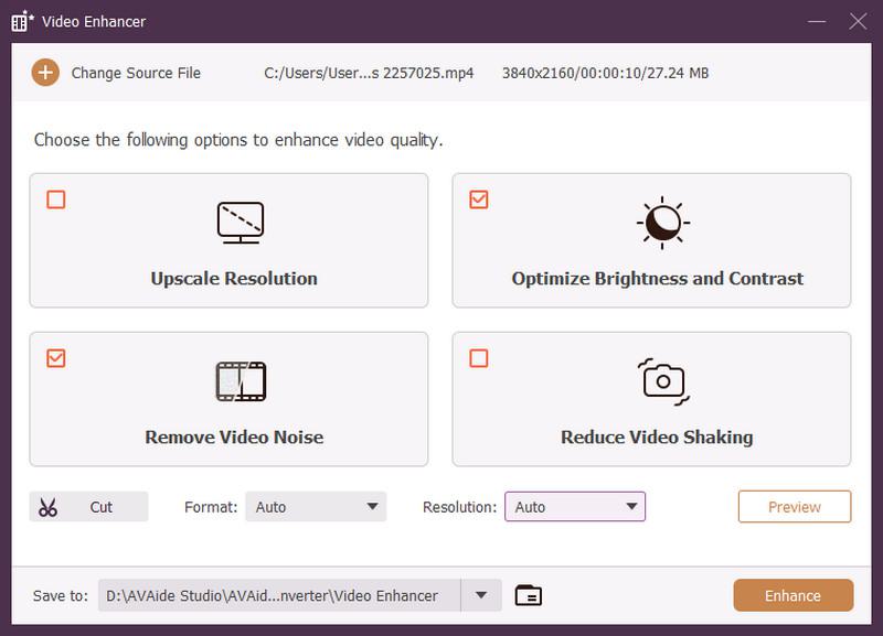 Video Enhancer в AVAide Video Converter с увеличением разрешения, коррекцией яркости, шумоподавлением и уменьшением дрожания