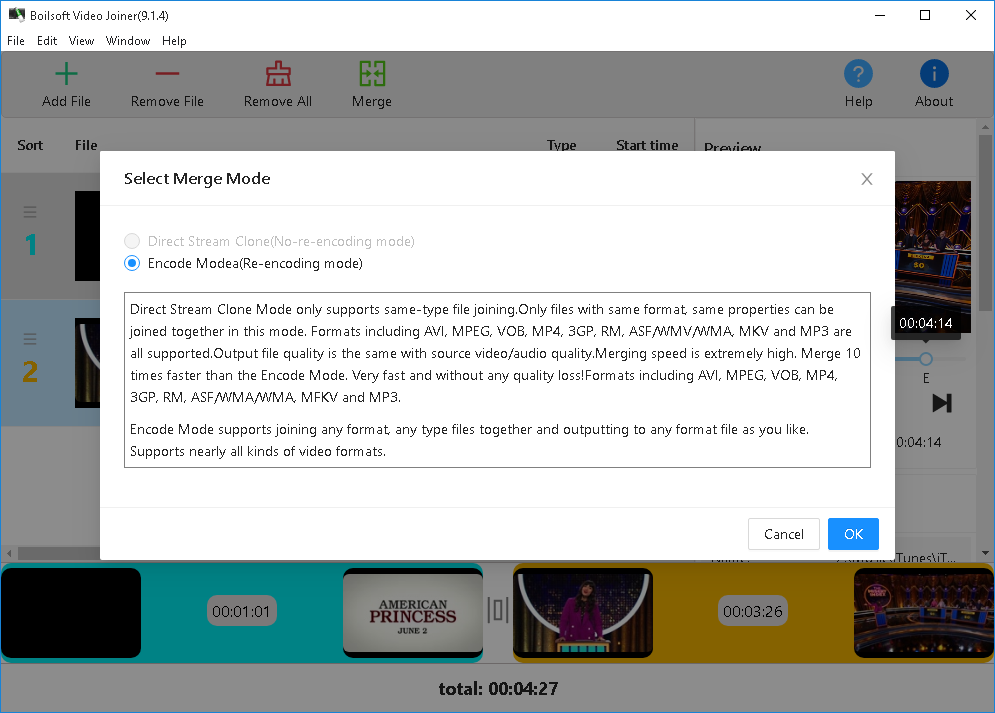 Окно Select Merge Mode в Boilsoft Video Joiner с Direct Stream Clone и Encode Mode