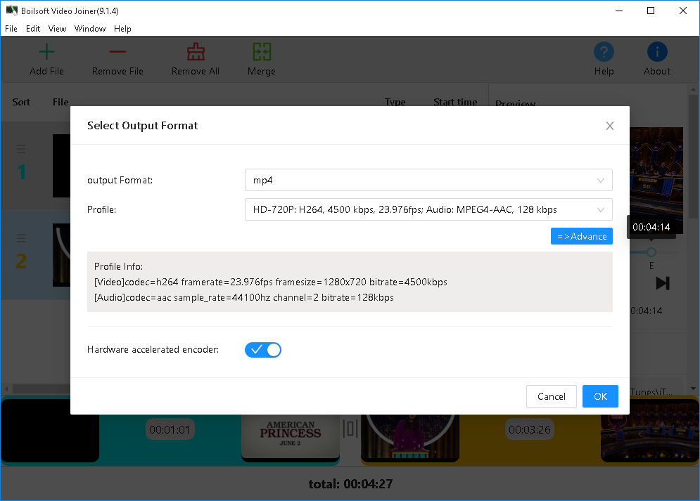 Настройка выходного формата и профиля в Boilsoft Video Joiner