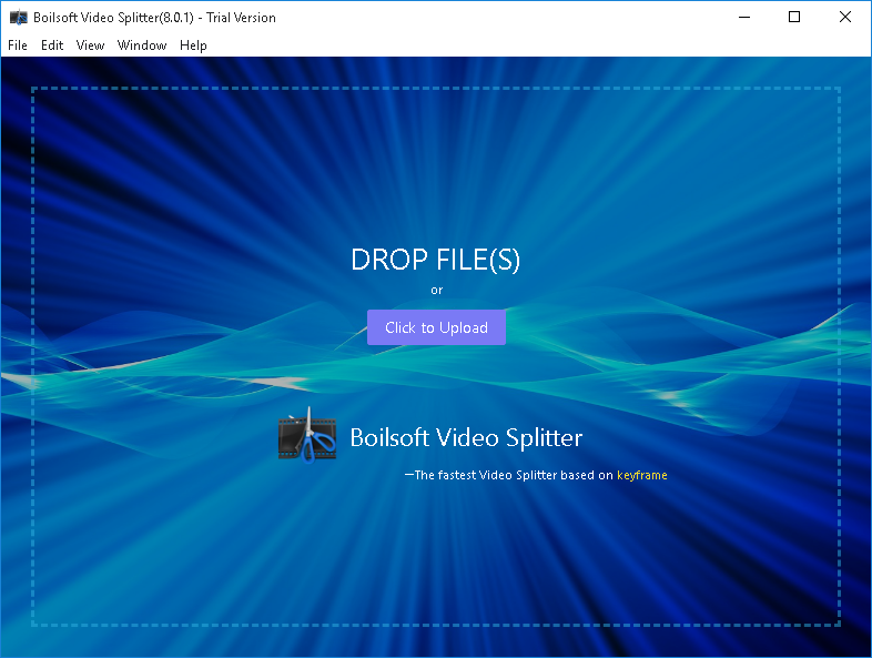Стартовое окно Boilsoft Video Splitter 8.0.1 с областью drag-and-drop и кнопкой Click to Upload