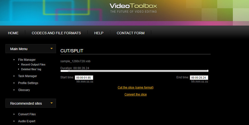 Окно Cut Split в Video Toolbox с полями Start time и End time