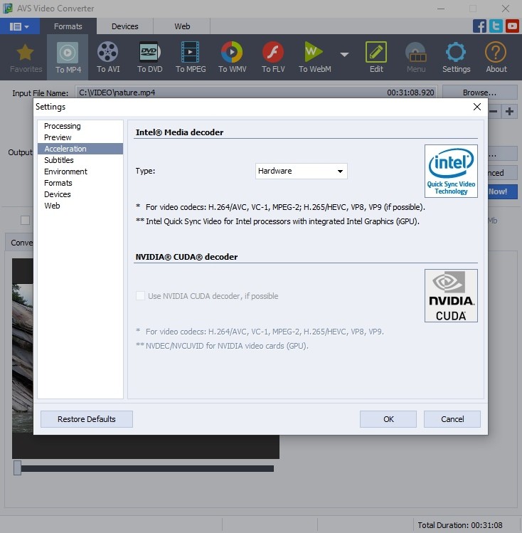 Настройки аппаратного ускорения AVS Video Converter
