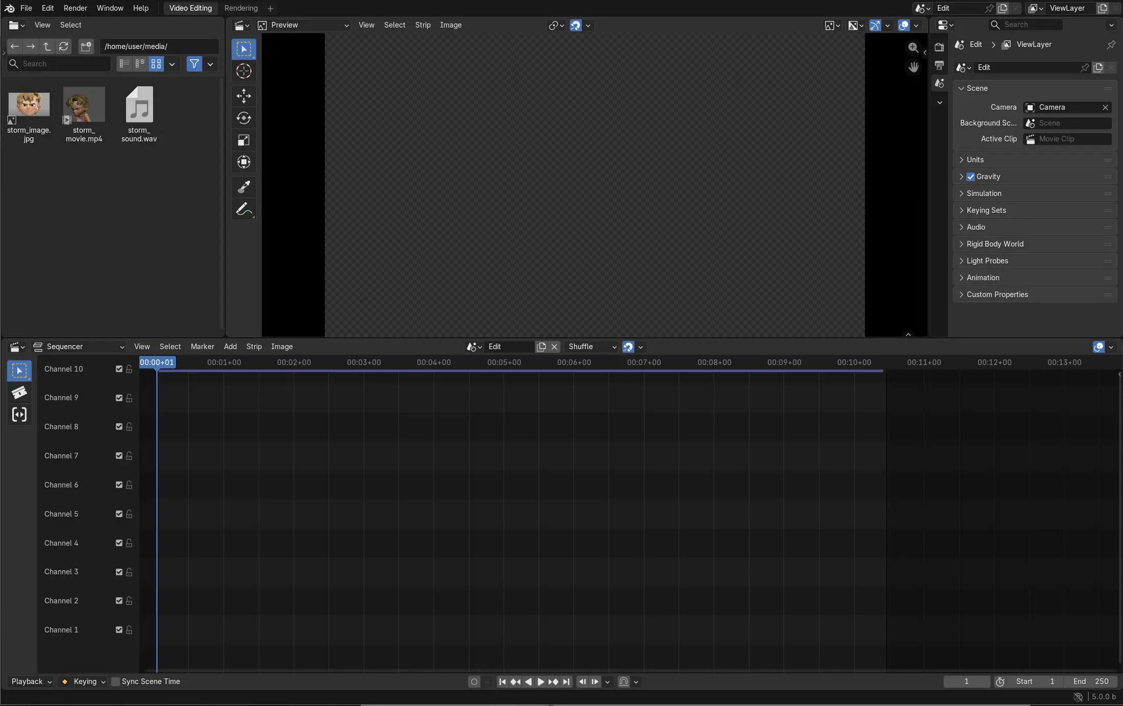Шаблон Video Editing в Blender 5.2 LTS с Preview, Sequencer и панелью свойств