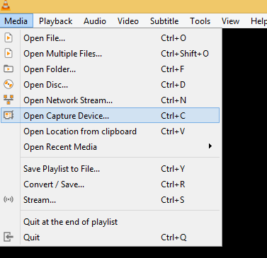 Команда Open Capture Device в меню Media VLC