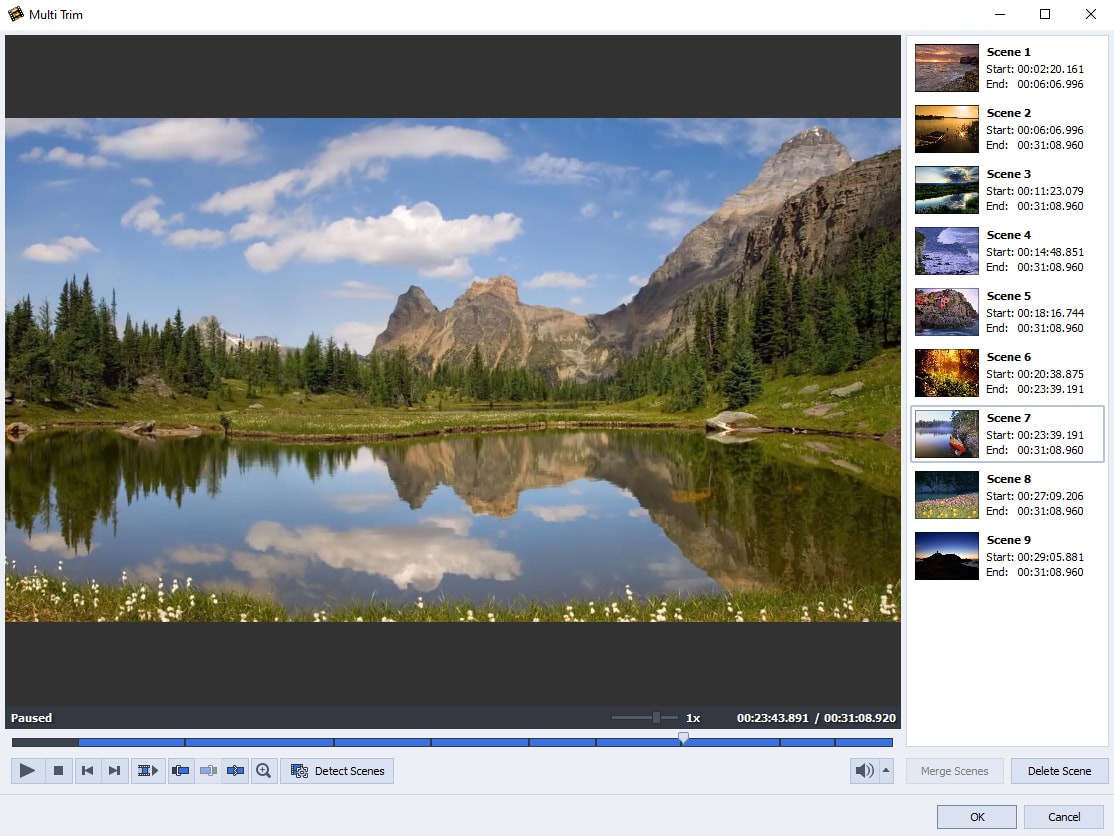Окно MultiTrim AVS Video ReMaker с автоматическим обнаружением сцен