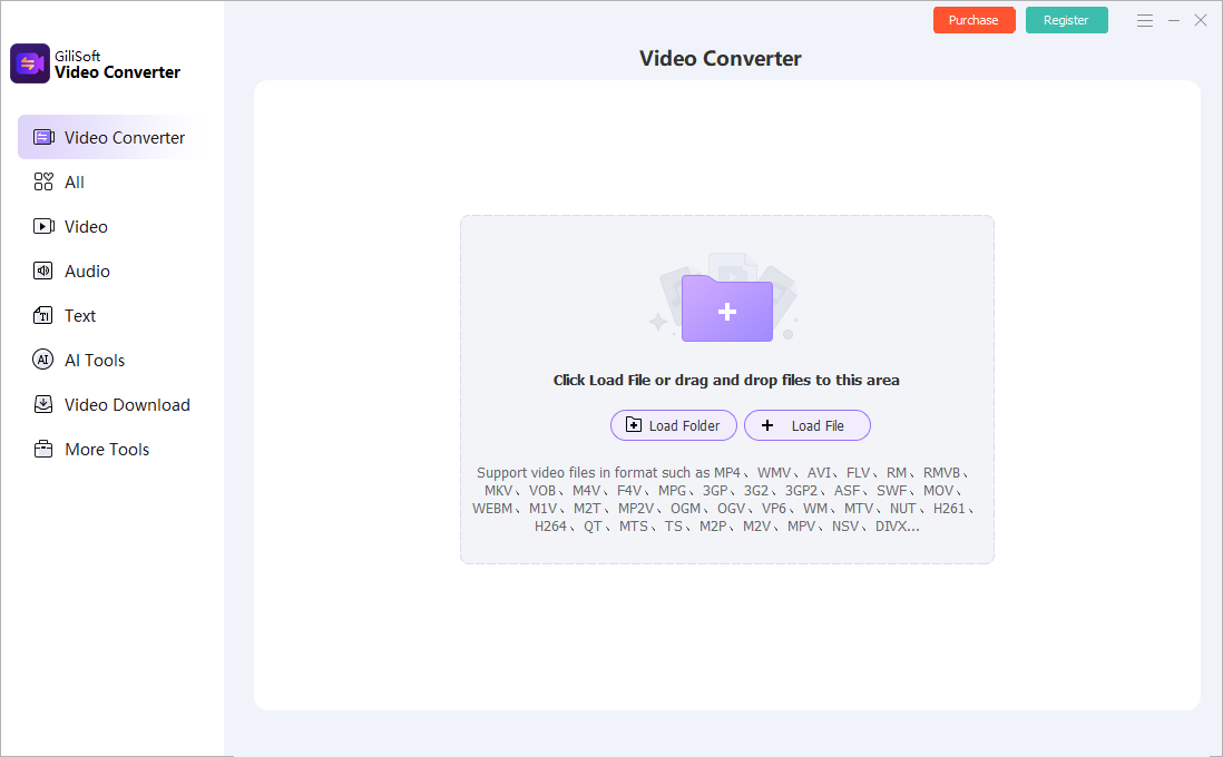 Главное окно GiliSoft Video Converter с разделами Video, Audio, AI Tools и Video Download