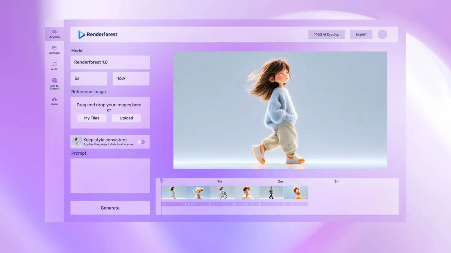 Интерфейс Renderforest с панелью AI Video и таймлайном проекта