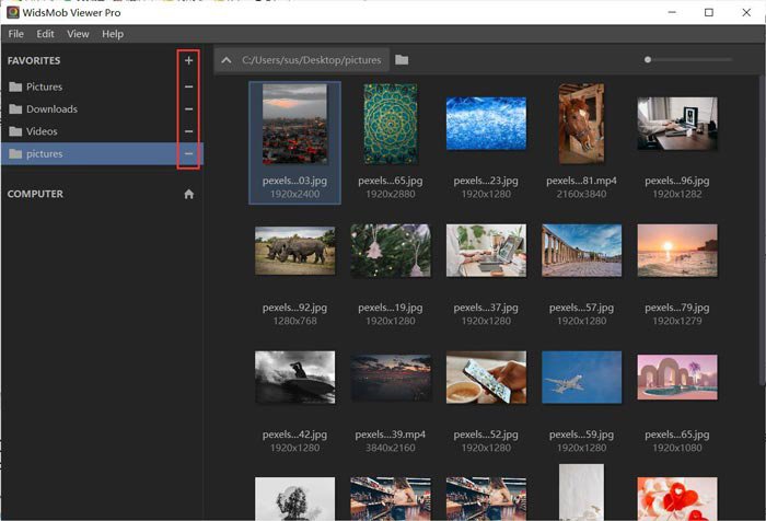 Папочная библиотека WidsMob Viewer Pro с левой панелью и миниатюрами файлов