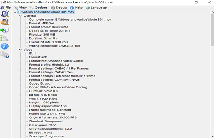 Раскрытая группа Video в MediaInfo для Windows: AVC, профиль, Codec ID, размеры, частота кадров, субдискретизация и разрядность