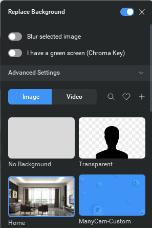 Настройки Virtual Background в ManyCam с вариантами размытия и замены фона