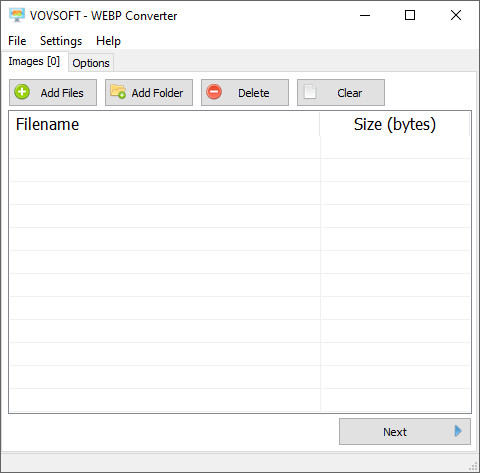 Главное окно Vovsoft WEBP Converter со вкладкой Images и кнопками добавления файлов