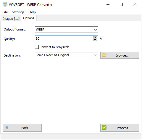 Вкладка Options в Vovsoft WEBP Converter с выбором WEBP, качества и папки назначения