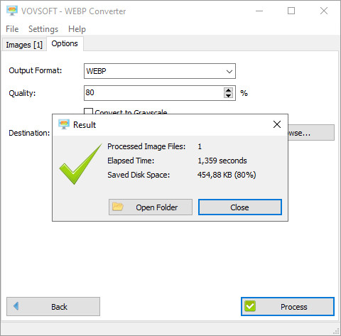 Окно Result Vovsoft WEBP Converter после завершения пакетного преобразования