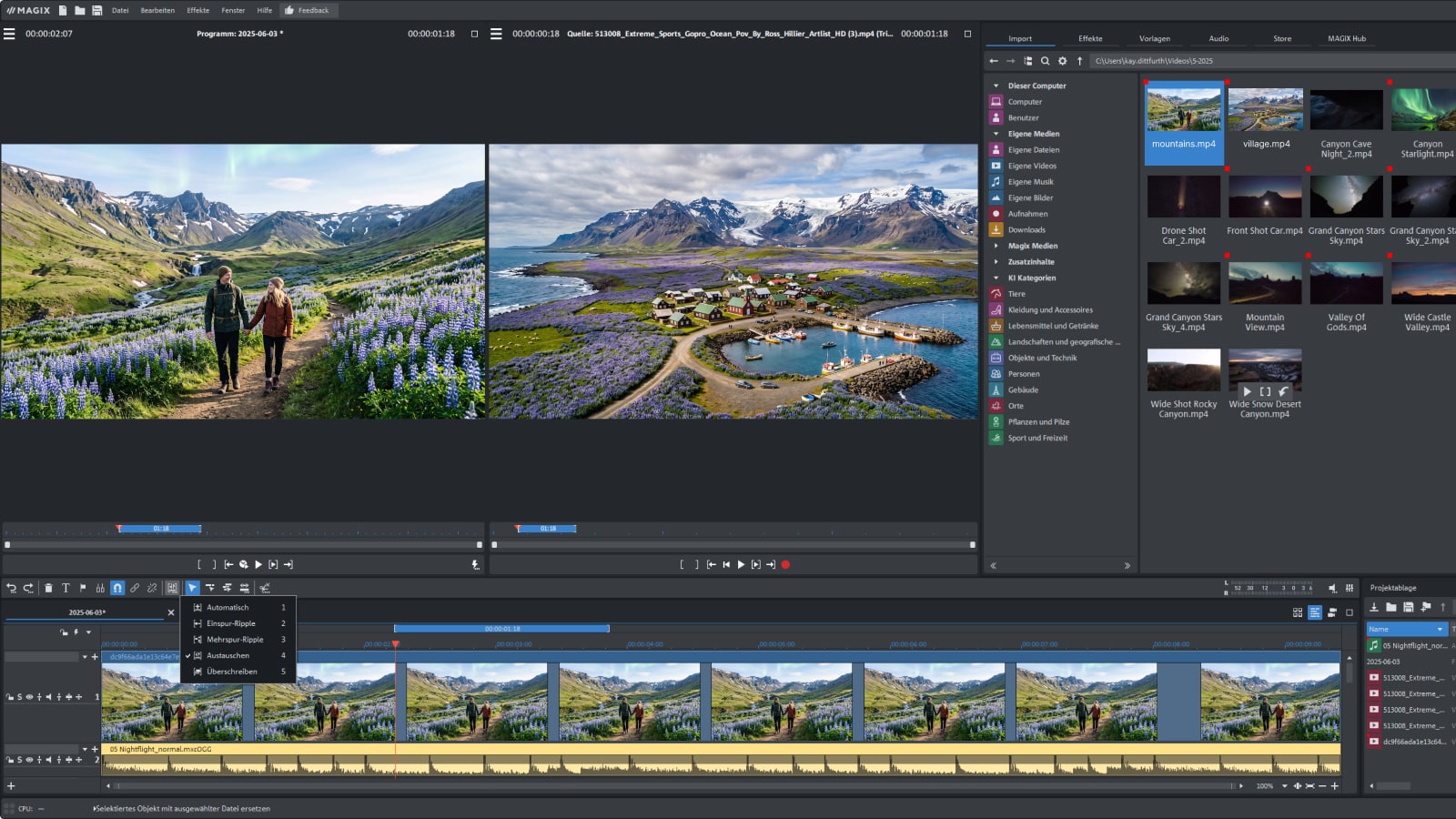 Рабочее окно MAGIX Video Pro X18 с двумя мониторами, Media Pool и многодорожечной временной шкалой