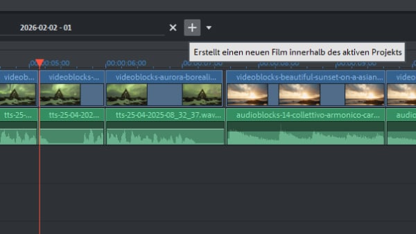 Фрагмент временной шкалы Video Pro X с вкладкой фильма, видеоклипами и звуковыми объектами