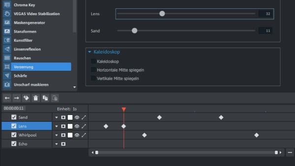 Панель эффектов Video Pro X с параметрами и отдельными рядами ключевых кадров