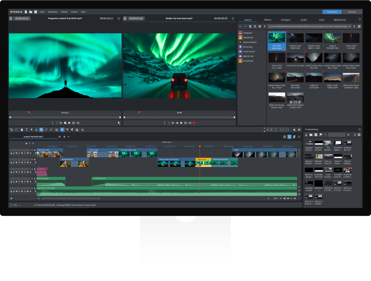 Интерфейс MAGIX Video Pro X17 с двумя мониторами, Media Pool и многодорожечным таймлайном