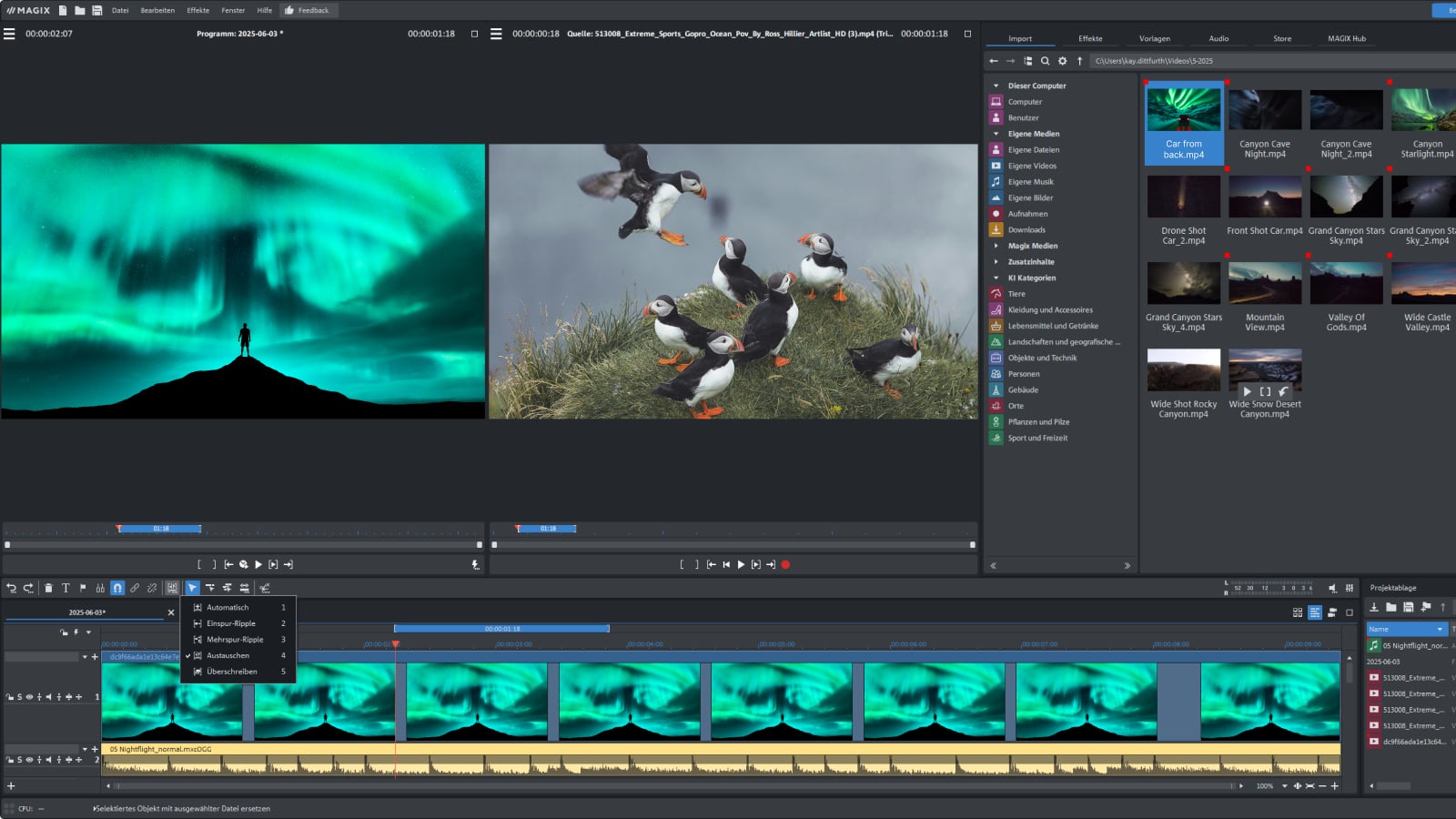Два окна просмотра в MAGIX Video Pro X17 и таймлайн