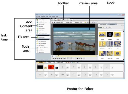 Рабочее окно Roxio VideoWave в Creator NXT 9 с панелью задач, предпросмотром и Production Editor