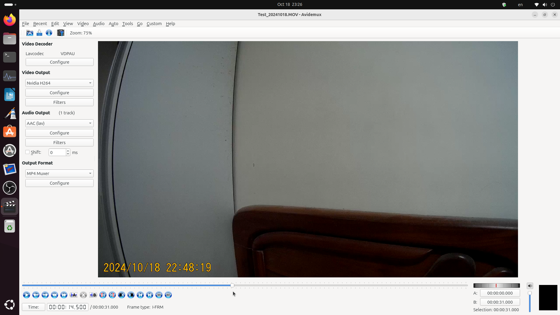 Avidemux с загруженным видео и открытым окном предварительного просмотра