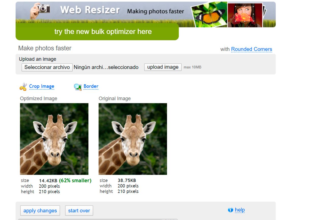 Классический интерфейс Web Resizer с блоками Optimized Image и Original Image