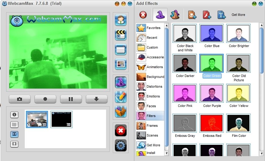 Панель Filters в WebcamMax с цветными и рельефными эффектами