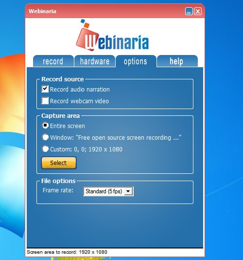 Окно Webinaria Recorder с вкладкой record, выбором источников и области записи