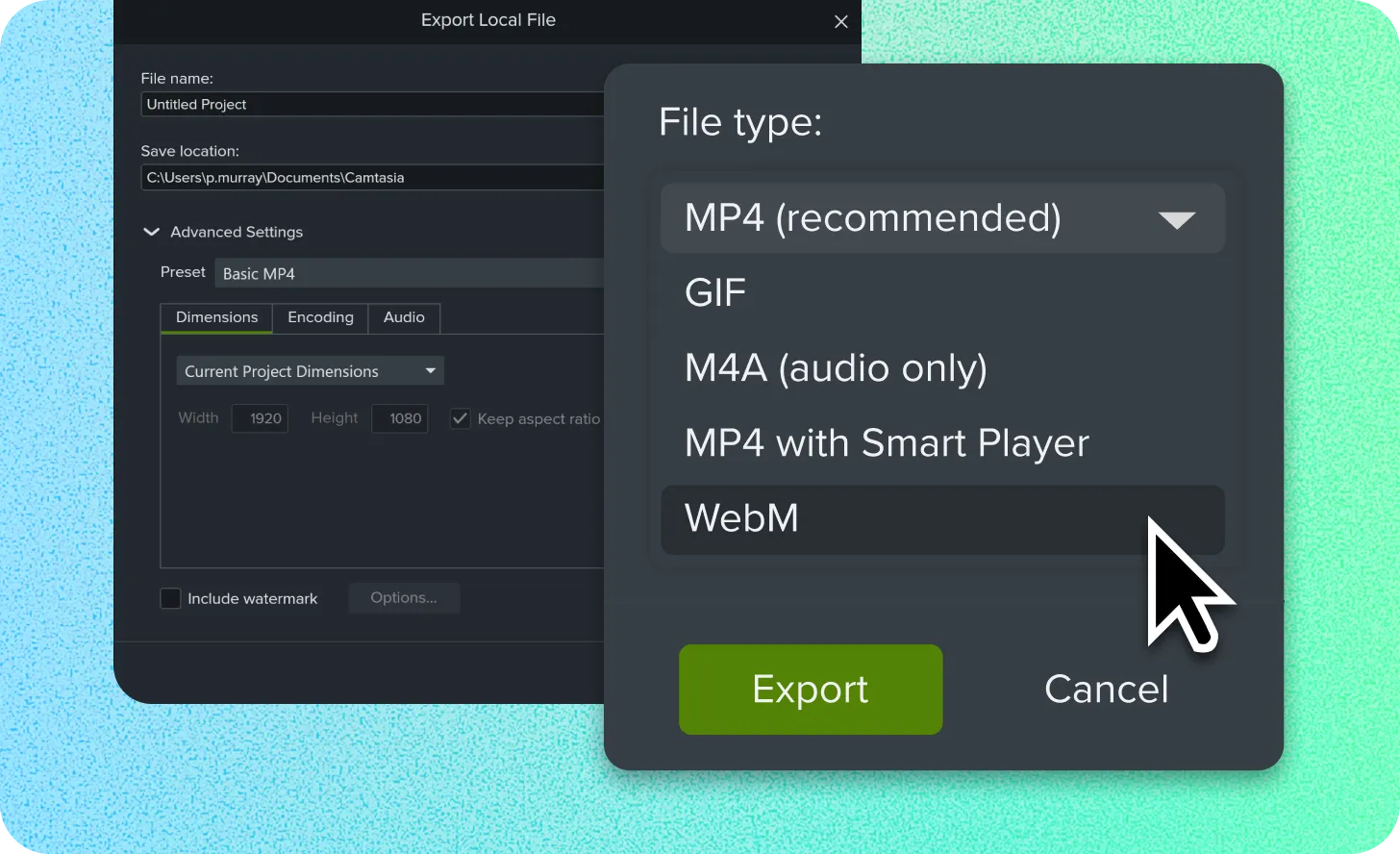 Диалог Export Local File в Camtasia Editor 2026 с форматами MP4, GIF, M4A, Smart Player и WebM