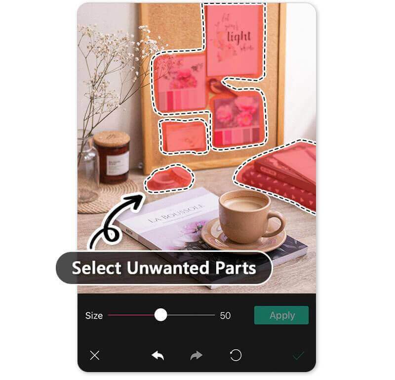Инструмент AI Removal в YouCam Perfect с выделенной областью и регулятором кисти