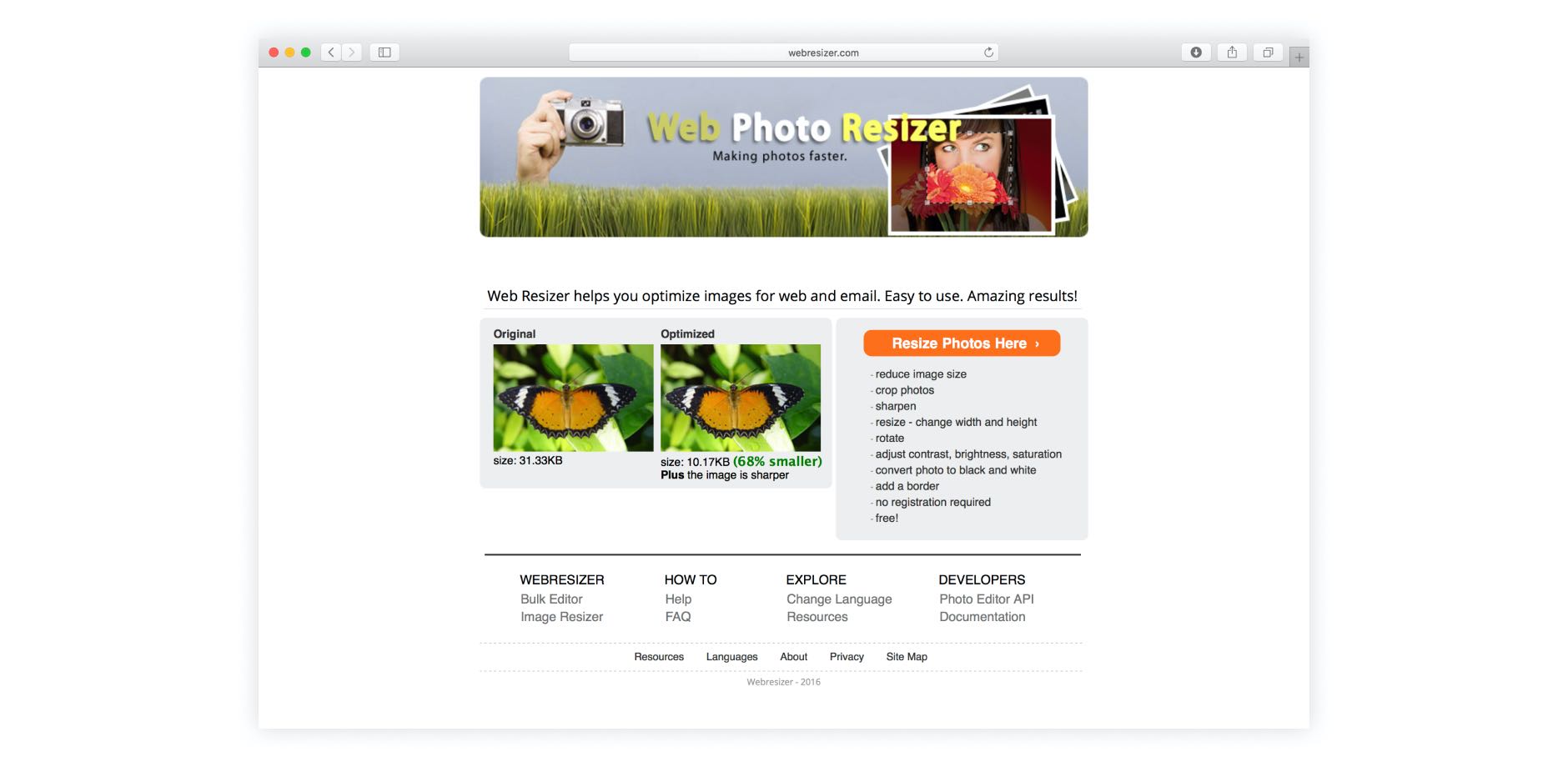 Главная страница Web Photo Resizer с перечнем основных функций