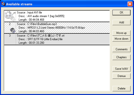 Окно Stream list VirtualDubMod с аудио- и текстовыми потоками