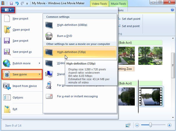 Меню Save movie в Windows Live Movie Maker с пресетами сохранения видео